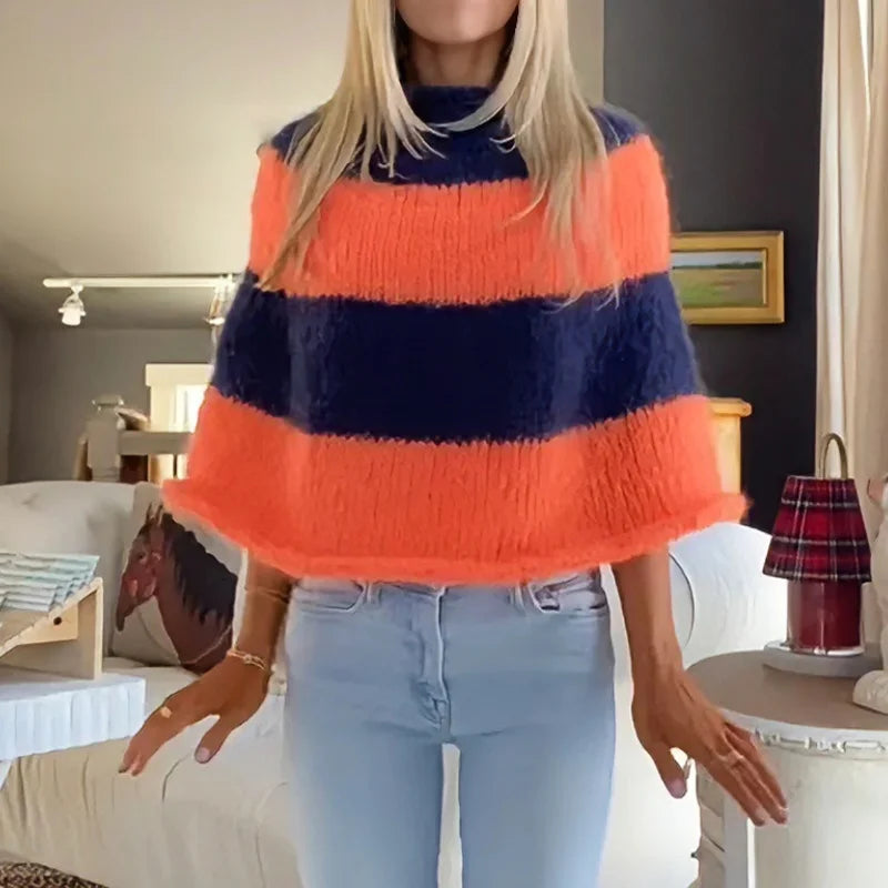 AIERTU  -  Y2K Color Block Poncho Sweater Women Mock Neck Loose Batwing Sleeve Fluffy Knit Cape Pullover Casual Oversized Striped Tops Aiertu
