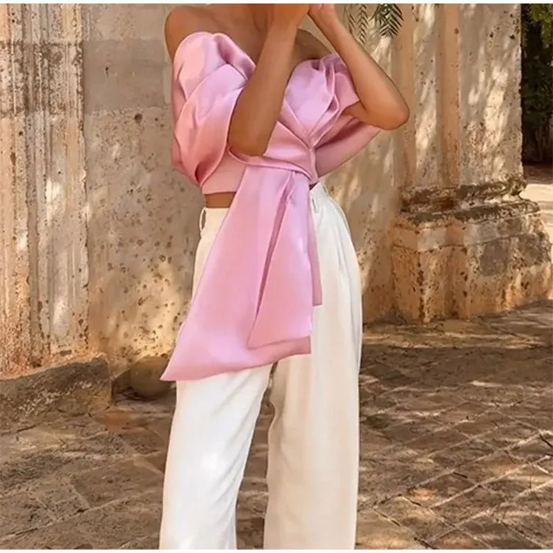 Aiertu Women Satin Bow Pleated Lace Up Backless Top 2024 Summer Elegant High Street Club Party Female Off Shoulder Shirts Vest Clubwear Aiertu