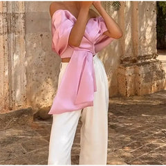 Aiertu Women Satin Bow Pleated Lace Up Backless Top 2024 Summer Elegant High Street Club Party Female Off Shoulder Shirts Vest Clubwear Aiertu