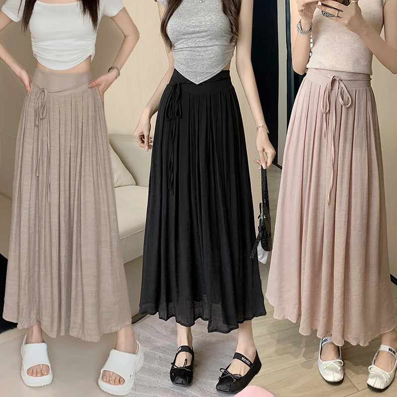Aiertu Women Elegant High Waist Maxi Lace Up Skirt Summer Ladies Casual Elastic Waist Pleated Long Skirts Fairy A-line Mid Length Aiertu