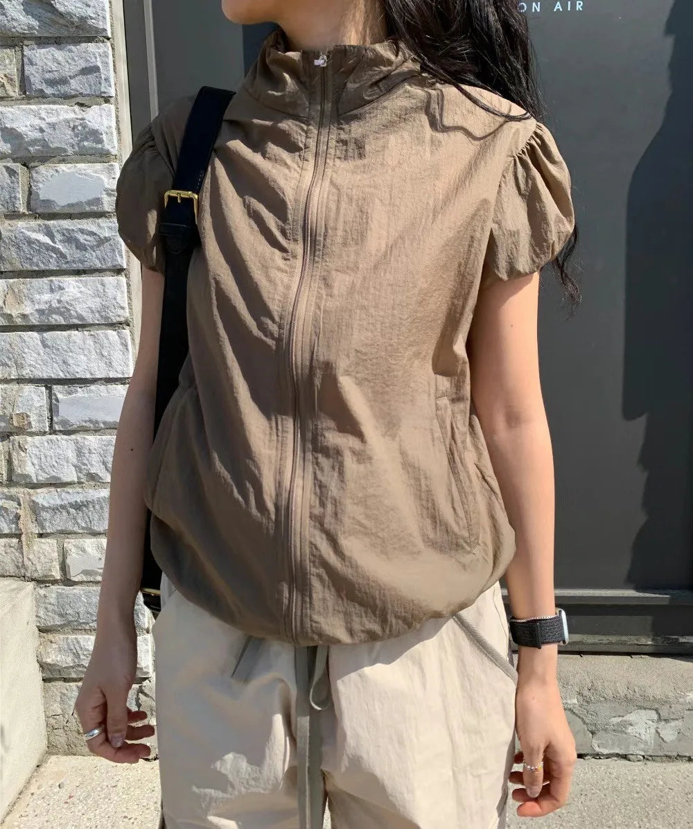 Aiertu Summer Thin Sun Protection Short Sleeve Jackets Vintage Slim Stand Neck Coat Casual Zipper Y2k Aesthetic Cargo  Solid Coats Aiertu