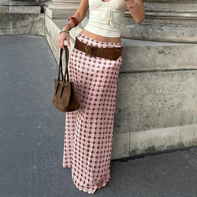 AIERTU  - Autumn Vintage Plaid Pattern High Waist Slim Fit Ladies Maxi Skirts Vacation Party Mesh Elastic Fashion Mesh Long Skirt Aiertu