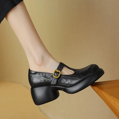 Aiertu NEW Spring/Autumn Women Pumps Genuine Leather Shoes for Women Round Toe Mary Janes Chunky Heel Women Pumps Buckle Platform Shoes Aiertu