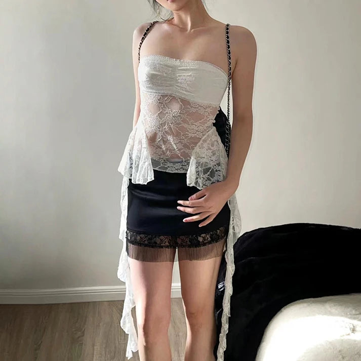 Aiertu 2024 Summer Harajuku Y2k Aesthetic Black Tanks Korean Sexy Lace Cropped Vest Tops Women Streetwear Backless Grunge Camisoles Aiertu