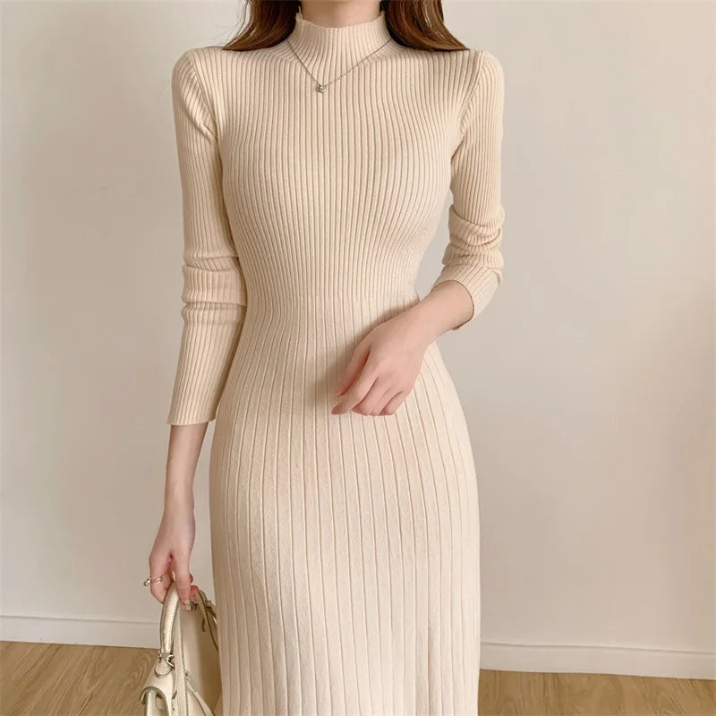 Aiertu Autumn Winter Long Sleeve Party Dress Women Button Knitted Mid-calf  Half High Collar Elegant Knitted Sweater Dresses Ladies Aiertu