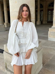 Aiertu Elegant Solid Ruffles Spliced Mini Dress For Women O Neck Long Lantern Sleeve Pleated Vestidos Summer Lady Party Street Dresses Aiertu