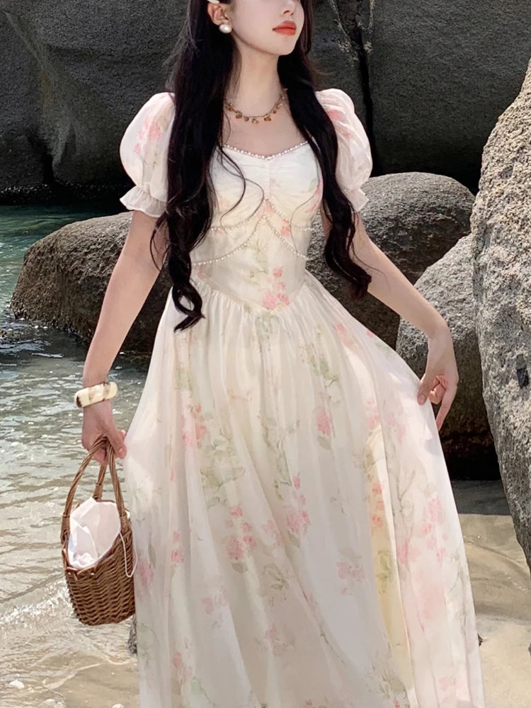 Aiertu Summer French Design Elegant Sundress Women Short Sleeves Floral Midi Dress Beach Style Casual Fashion Party Dress Korean Aiertu