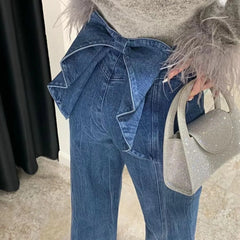 Aiertu Sweet Style Street Blue American Retro Back Bow High Waisted Jeans for Women Spring New Niche Wide Leg Straight Leg Y2k Pants Aiertu