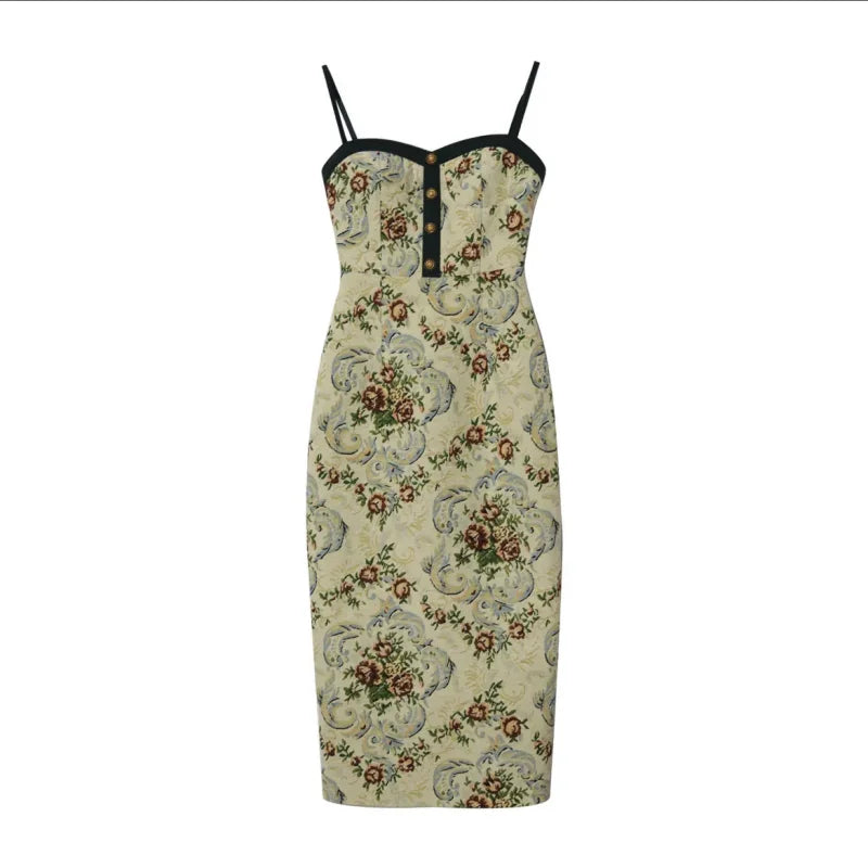 Aiertu Elegant Vintage Long Slip Dress Women Button Designer Sleeveless Slim Floral Dress Female 2024 Summer Casual Sexy Party Dresses Aiertu