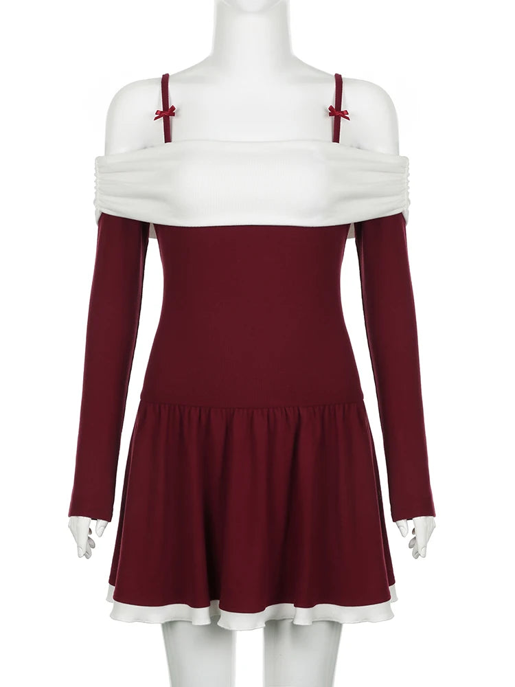 Aiertu Elegant Fashion Contrast Color Patchwork A-Line Dress Slim Slash Neck Long Sleeve Mini Dresses For Women Autumn Aiertu