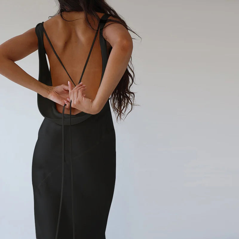 Aiertu New In Summer Backless Fashion Long Dresses For Women Solid Color Spaghetti Strap Elegant Slim Bodycon Party Dress Aiertu