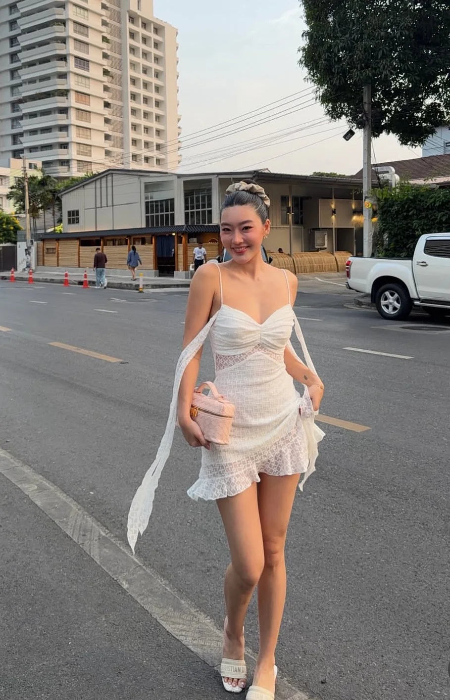 AIERTU  -  Summer White Lace Mini Dress Women Off Shoulder Tie Detail Sleeve V Neck Beach Party Irregular Dress Aiertu
