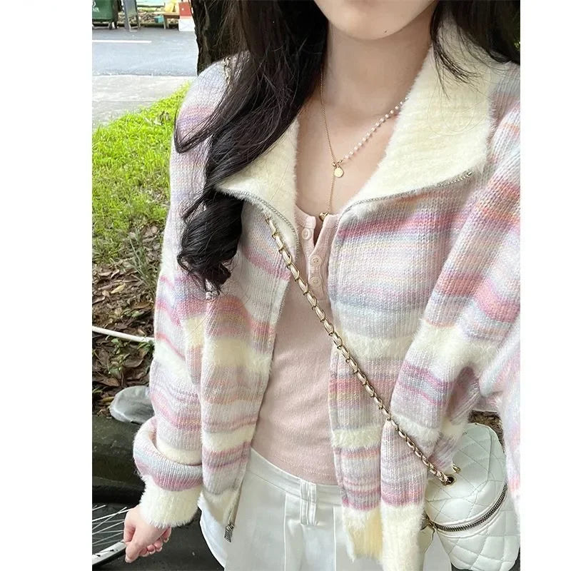 Autumn Chic Fashion Rainbow Striped Turn Down Collar Women Sweater Contrast Color Sweet Knitted Cardigan Tops Mujer Aiertu