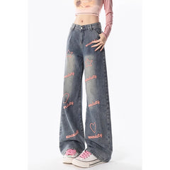 Aiertu American Blue Vintage Style High Waist Embroidery Jeans Pants Spring Women's Baggy Y2K Wide Leg Denim Trouser Female Clothes Aiertu