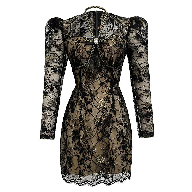Spring French Retro Sexy Dress Women Black Sheer Lace Embroidery Floral Halterneck Bow Long Sleeve Mini Gown Party Vestidos Aiertu