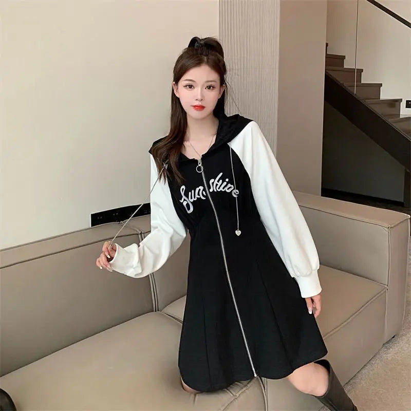 Aiertu Korean Style Oversize Hooded Dress Women Preppy Style School Student Casual Letter Sport Mini Short Dresses Autumn Aiertu