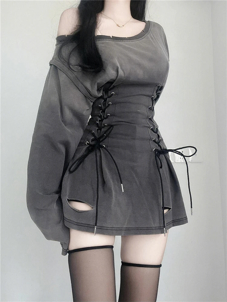 Aiertu New Fairycore Grunge Goth Corset Dress Women Aesthetic Harajuku Streetwear Bandage Slim Bodycon Dress Y2k 90s Indie Clothes Aiertu