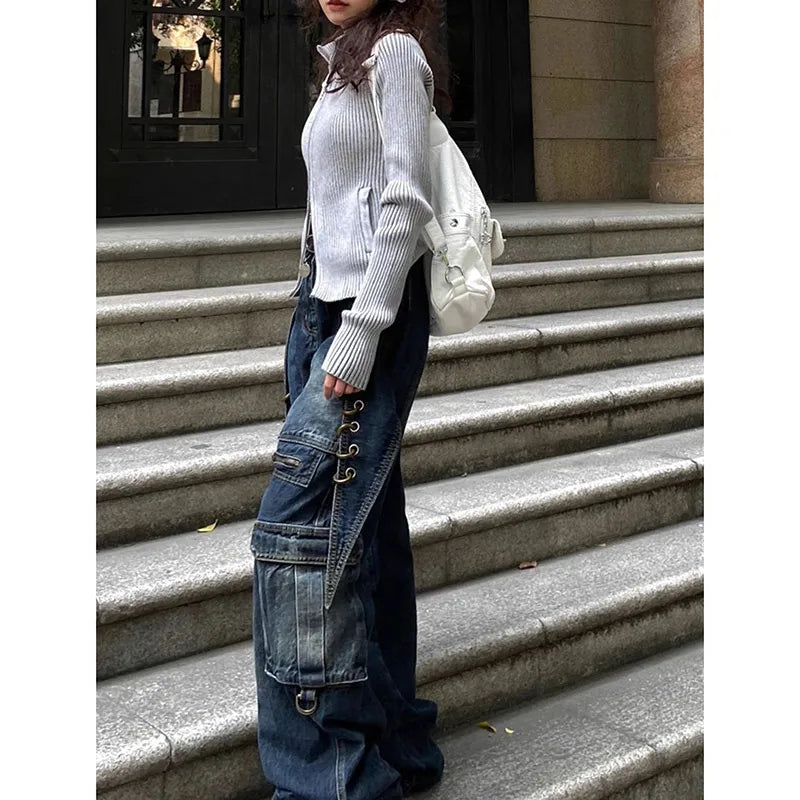 Aiertu Women's Casual Baggy Y2K Pants Wide Leg Grunge High Street Pockets Denim Trouser American Vintage High Waist Straight Jeans Aiertu