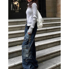 Aiertu Women's Casual Baggy Y2K Pants Wide Leg Grunge High Street Pockets Denim Trouser American Vintage High Waist Straight Jeans Aiertu