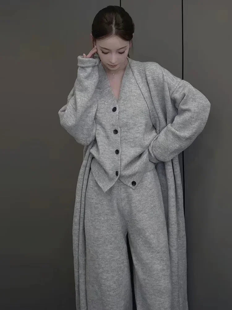 Aiertu New Autumn Winter Women Knitted Three Piece Set Cardigan Sweater + Single Breasted Vest Tops And Wide Leg Pants Fashion Elegant Aiertu