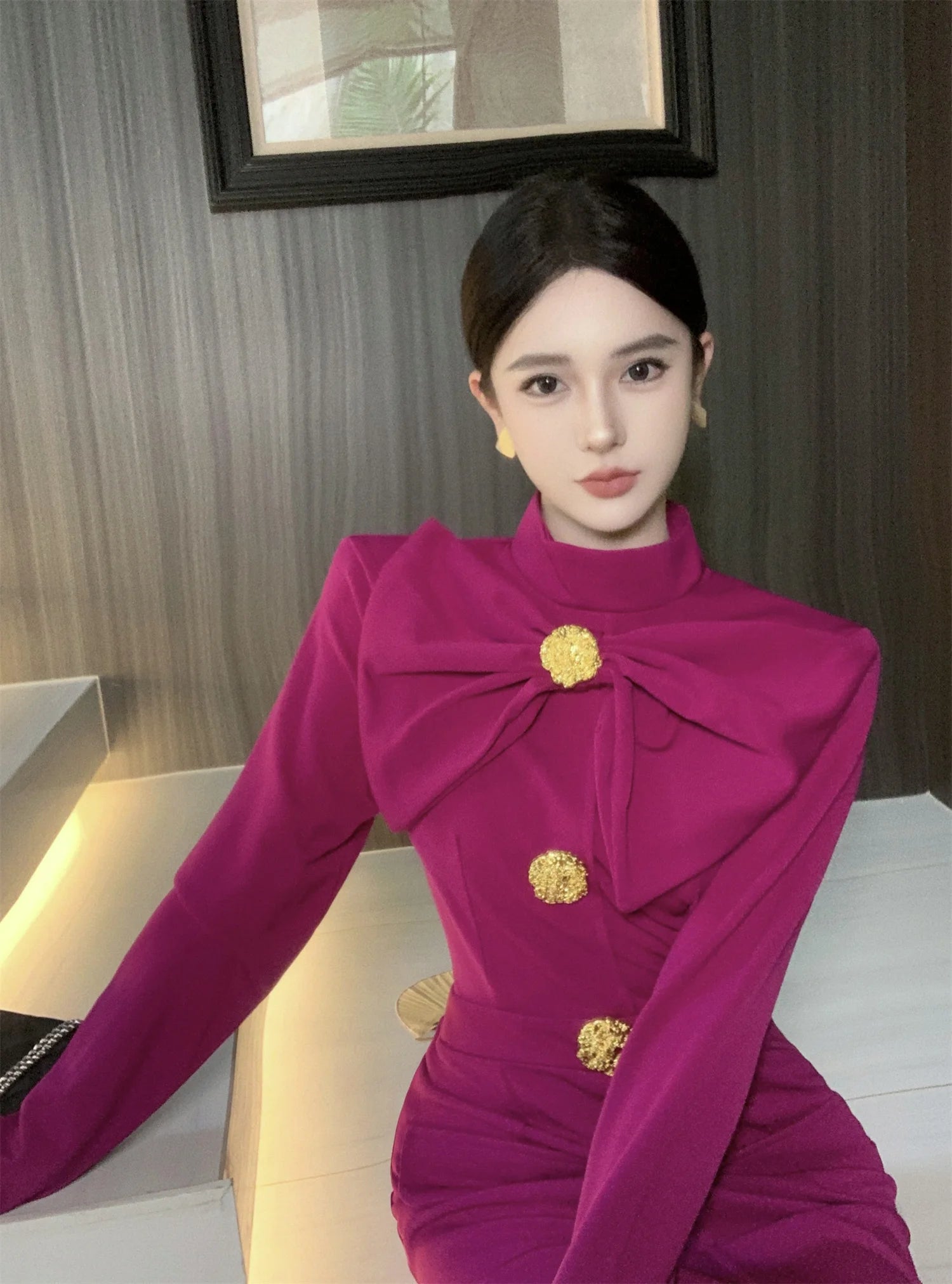 Aiertu Korea Retro Elegant Bow Stand Collar Single Breasted Dress A-line Long Sleeve Casual High Waist Dress Women Spring Autumn Dress Aiertu