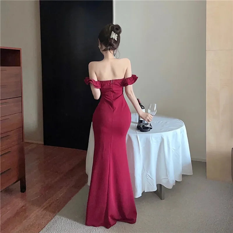 Aiertu Ruffled One Shoulder Strapless Evening Dress Women 2024 Spring Summer Elegant High Waist Slim Wrapped Slit Long Dresses Aiertu