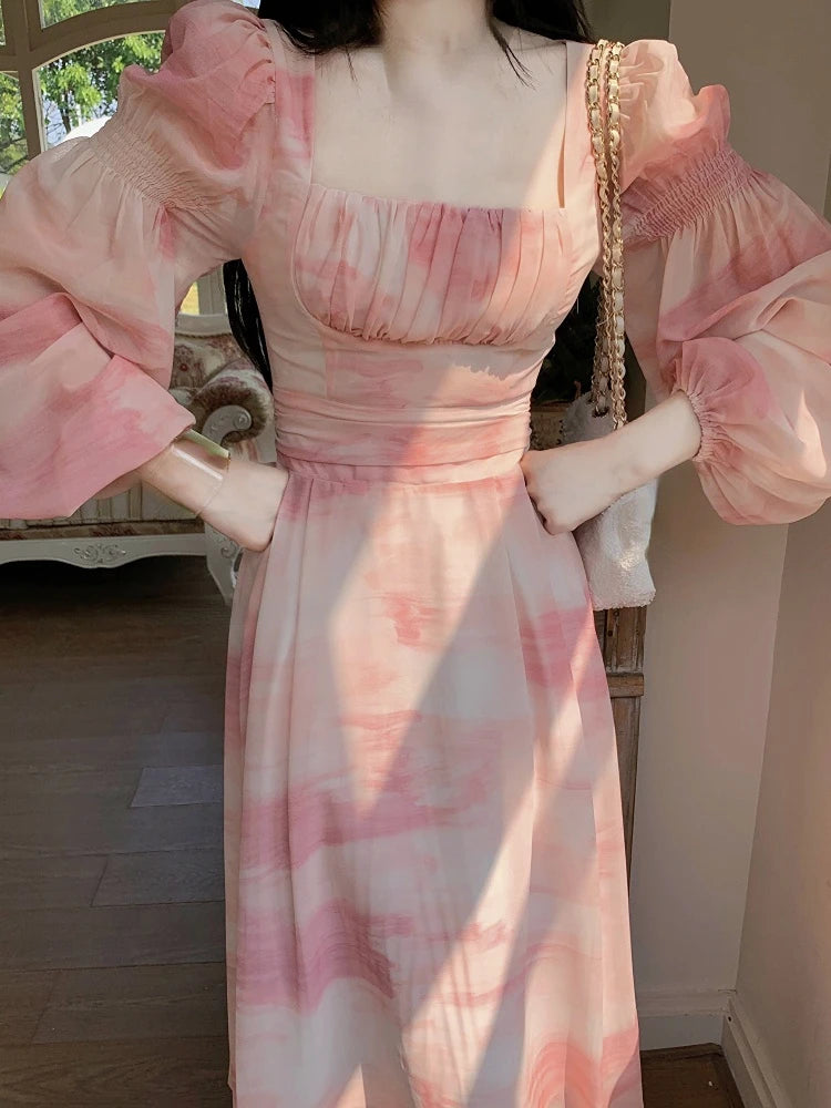 Aiertu Chiffon Long Sleeve Floral Midi Dress Chic French Slim Elegant Women Dress Casual Fashion Beach Style Office Lady Dresses Aiertu