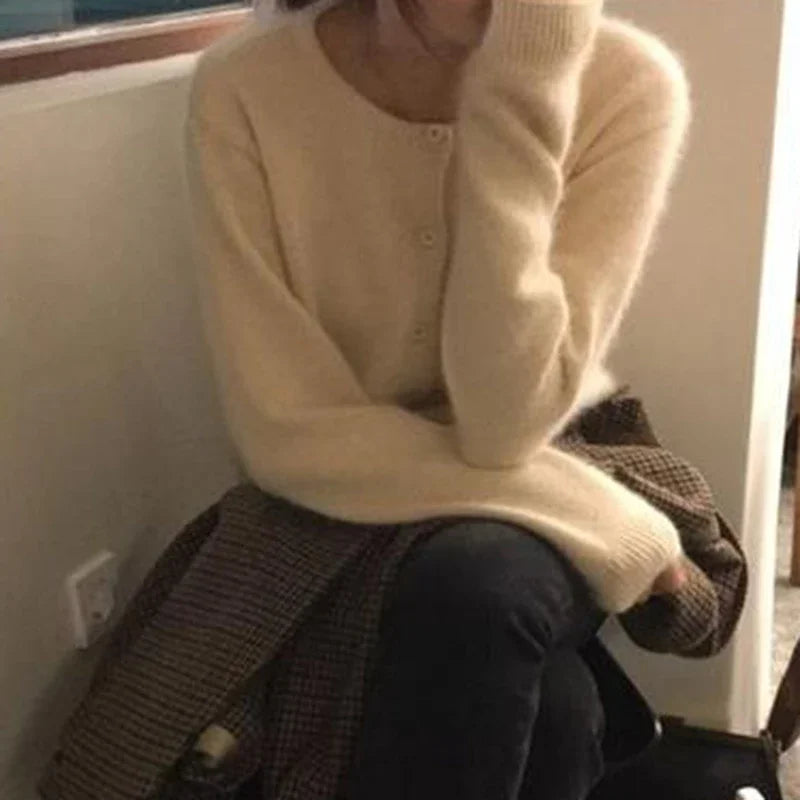 Aiertu Cold Weather Outfits Fall Solid Color Knitted Cardigan Women Korean Single Breasted Long Sleeve Jumper Woman Round Neck All Match Sweater Outwear Top Aiertu