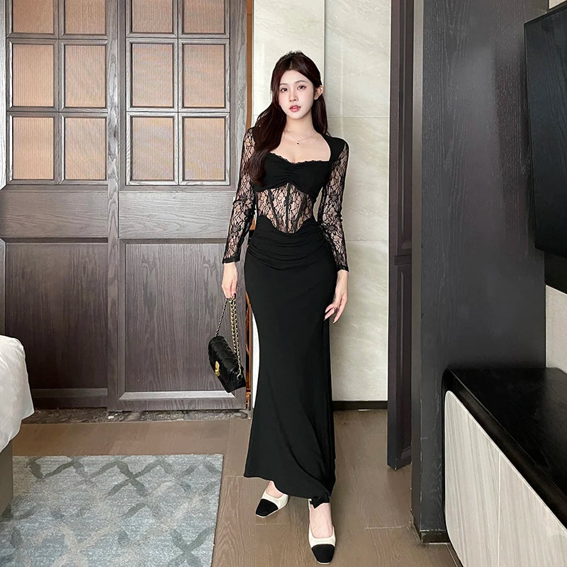 Aiertu Women's Elegant Long Dress 2024 Spring Fashion Temperament Sexy Splicing Design Lace Fishbone Splicing Dresses Aiertu