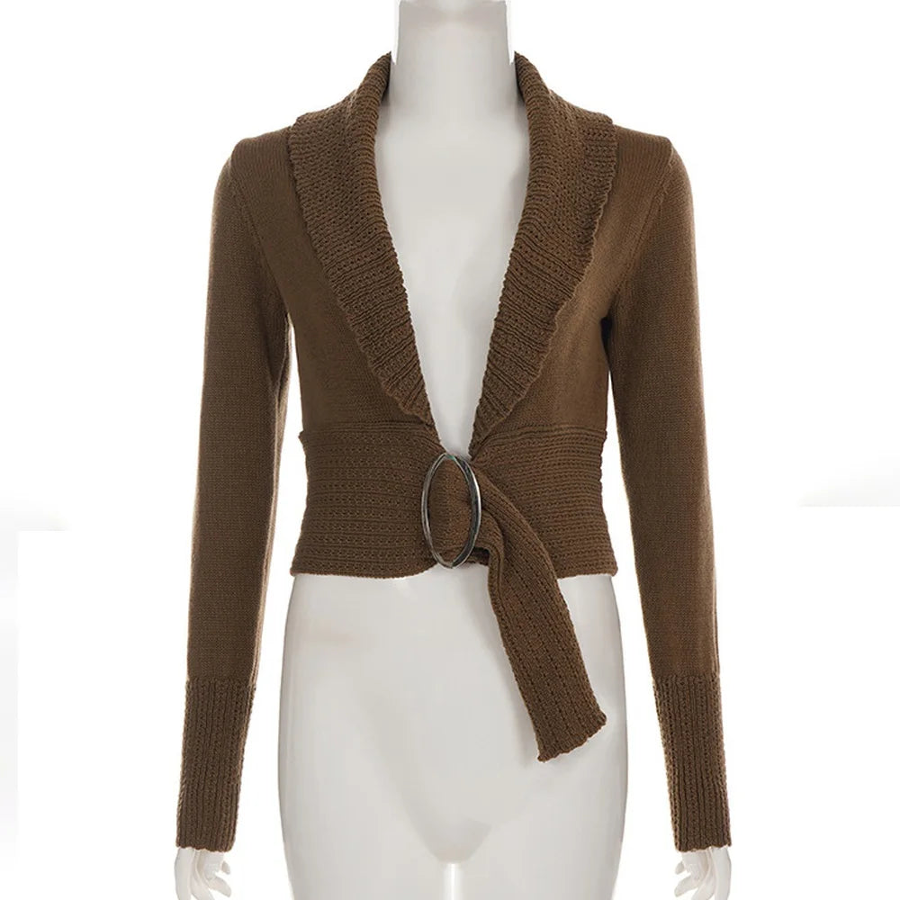 AIERTU  -  Brown Chunky Knit Shawl Collar Cardigan Long Sleeve Cropped Open Front Belted Daily Casual Streetwear Chunky Rib Cardigan Aiertu