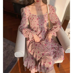 AIERTU  -  Spring clothes, new French retro square collar, long chiffon and rose stem, orange floral dress Aiertu