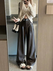 New White Casual Fashion Female Pu Wide Leg Pants Winter Black Office Lady Loose High Waist Simple Women Brown Leather Trousers Aiertu