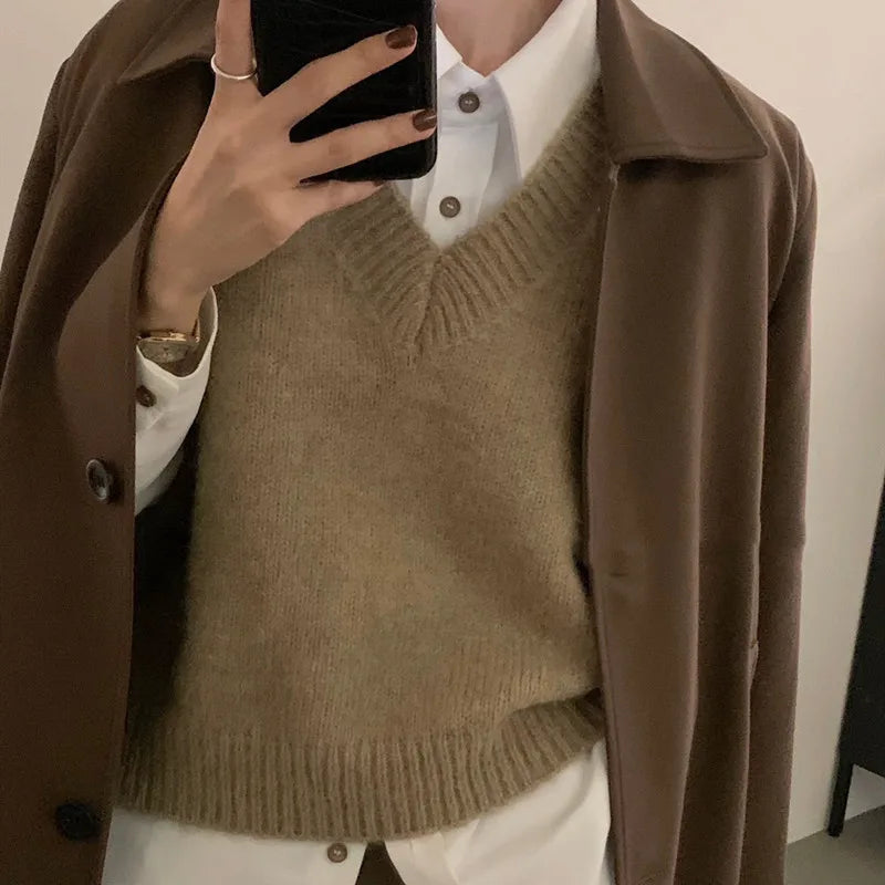Aiertu Women Vintage Turn Down Collar Check Plaid Solid Knitting Sweater Female Casual Loose Vest Chic Pullovers Tops Aiertu