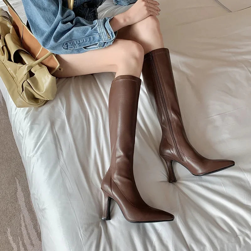 Winter Women Long Boots Fashion Thin High Heel Knee High Booties Ladies Black Brown Sexy Woman Knight Boats Botas De Mujer Aiertu