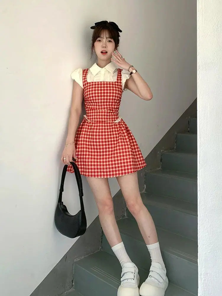Aiertu Y2k Coquette Kawaii Cute Plaid Shirt Dress Women Preppy Style Sweet Girls Short Party Dresses 2024 Summer Fashion Aiertu