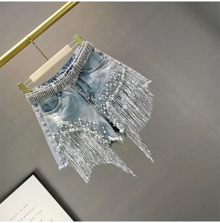 Aiertu Women Denim Shorts Summer High Waist Slim Heavy Beaded Sequin Fringed Ripped Wide Leg Jeans Shorts Aiertu