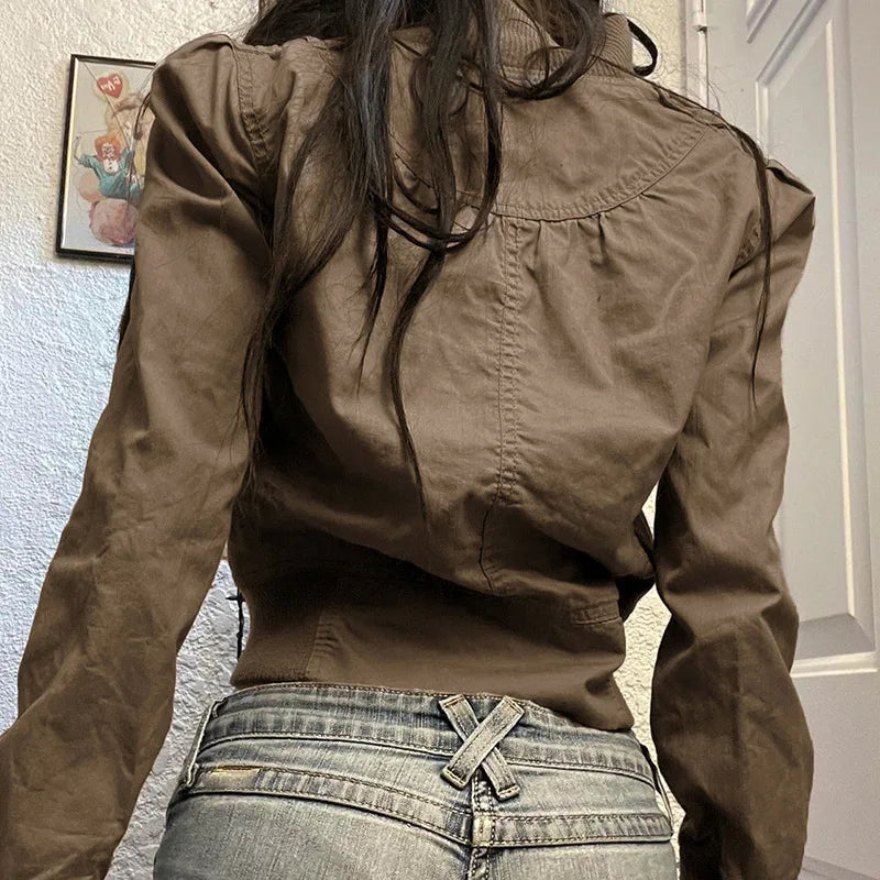 AIERTU  -  Women's Cropped Bomber Jackets Y2K American Vintage Stand Collar Zipper Slim Fit Waist Solid Fashion Autumn Short Jacket Aiertu