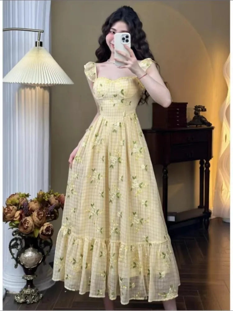 Aiertu French Floral Printed Midi Dresses for Women Summer New Holiday Beach Style Spaghetti Strap Party Dress Prom Robe Aiertu