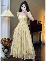 Aiertu French Floral Printed Midi Dresses for Women Summer New Holiday Beach Style Spaghetti Strap Party Dress Prom Robe Aiertu