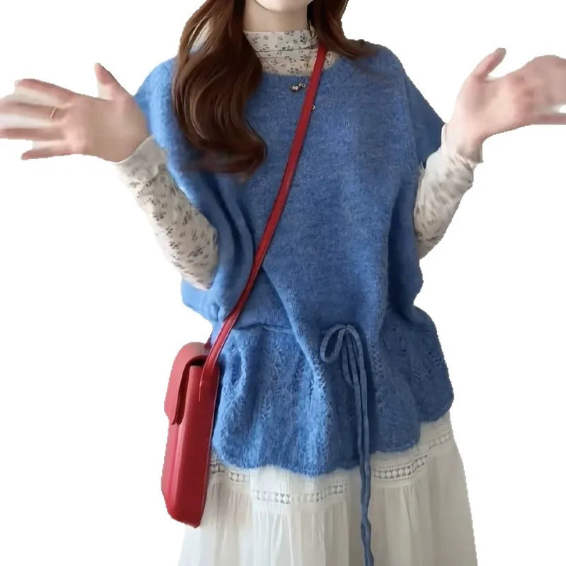 AIERTU  - Spring French Blue Short Sleeve Pullovers Batwing Sweaters New Design Drawstring Lace Up Women'S Wave Cut Knitted Tops Y2K Aiertu