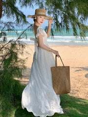 Aiertu Women White V-neck Backless Bandage Evening Party Dress Fashion New Hollow Out Long Sleeve Elegant Slim A-line Sundress Vestidos Aiertu