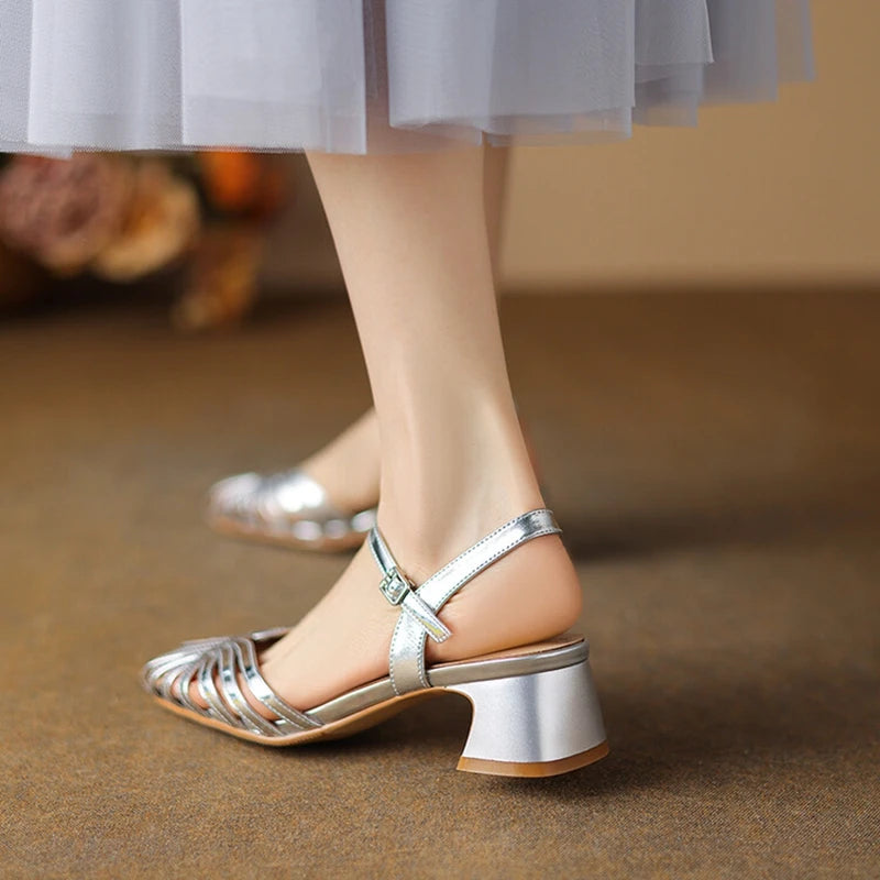 Aiertu Split Leather Women Sandals Round Toe Chunky Heel Summer Women Shoes Narrow Band Shoes for Women Handmade Shoes Aiertu