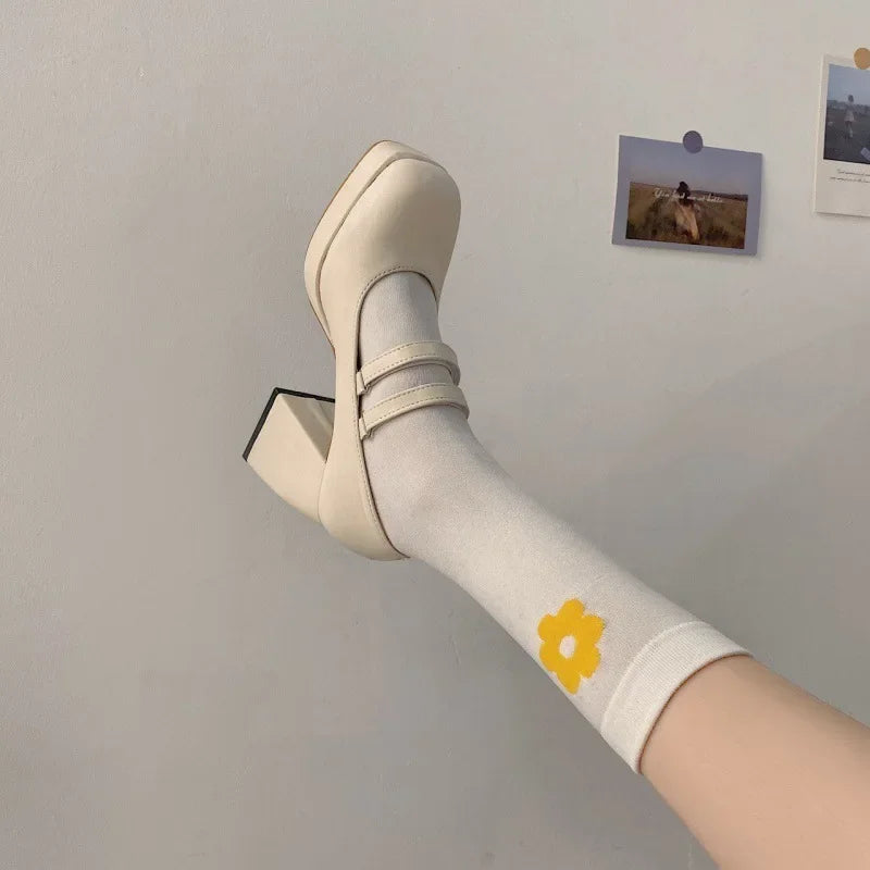 Aiertu White Magic Tape Petite Women's High Heels Shoes Comfortable Thick Heel Mary Jane Style Flats Non-tired Feet Aiertu