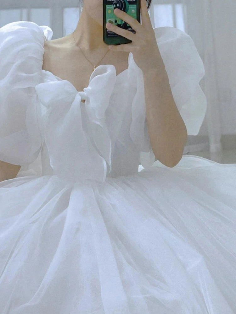 Aiertu White Elegant Sweet Princess Dress Women Bow Puff Sleeve Korean Kawaii Midi Dress Female Autumn Casual Evening Party Dress Aiertu