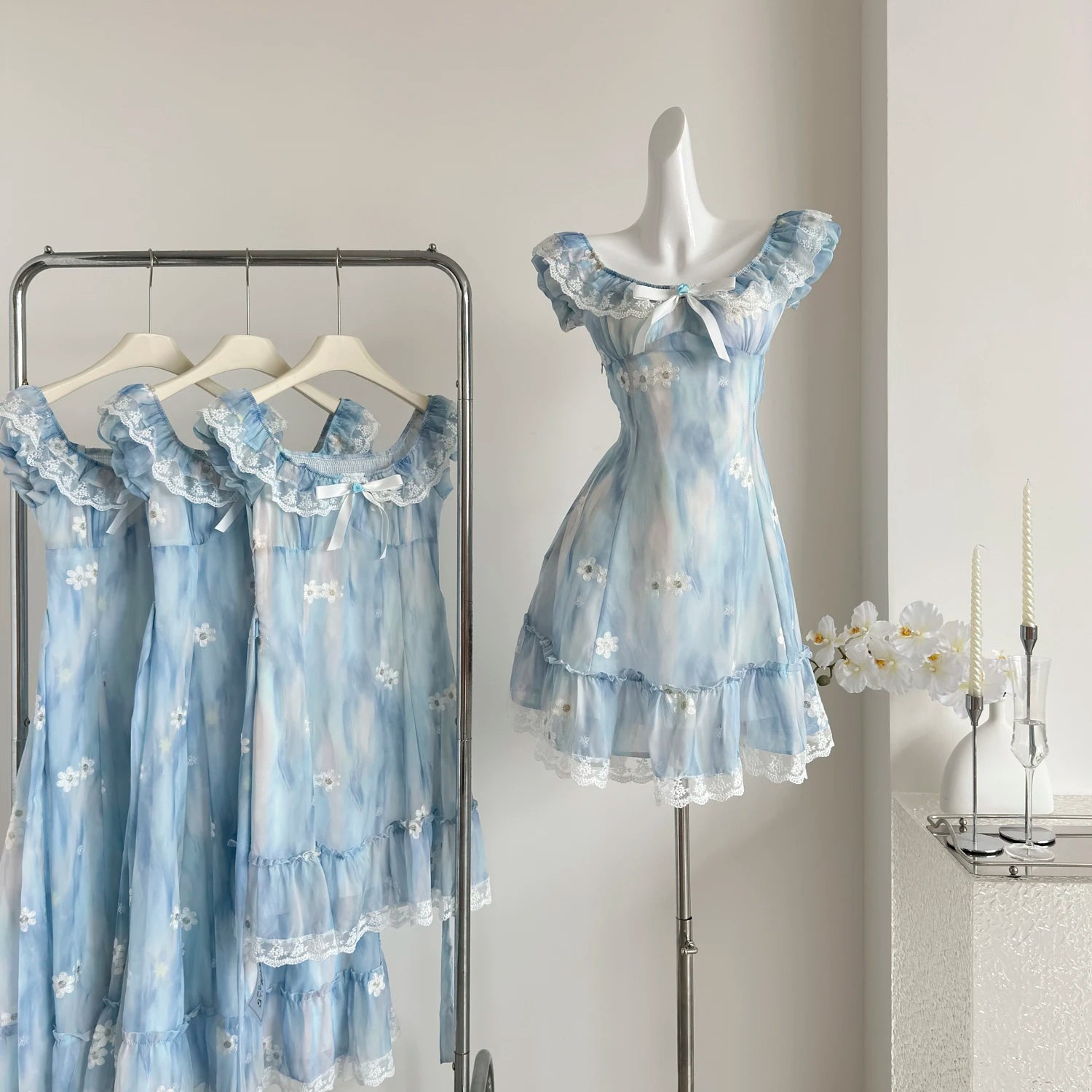 Aiertu Kawaii Japanese dress lolita y2k Sweet Blue Floral Dress Women Casual Evening Party One Piece Dress Korean Fashion Summer 2024 Aiertu