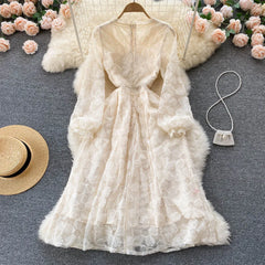 Aiertu Lace French Style Long Dress Summer Women V Neck Long Sleeves Zipper Ladies Sexy Vacation A Line Beach Dresses Aiertu