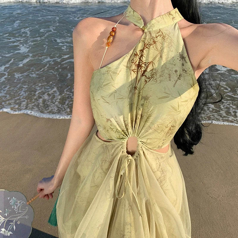 Aiertu Vintage Green Mesh Bamboo Print Sexy Sleeveless Elegant Slim Chinese Long Dress Summer Hollow Off Shoulder Pleated Dresses Boho Aiertu