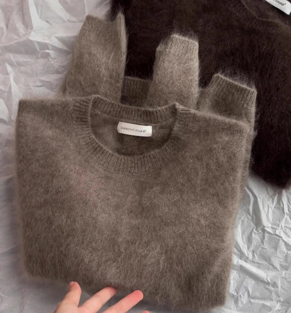 AIERTU  -  Oversized Mohair Round Neck Pullover Sweater Women's Autumn Winter Plus Size Soft Knitted Top Chic Casual Outerwear Inner Wear Aiertu