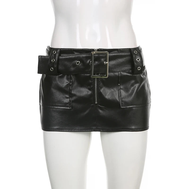 Aiertu Sexy Super Short Leather Skirt Punk Style PU Wide Belt Patchwork Low Rise Mini Skirts for Women Gothic y2k Aesthetic Chic Aiertu