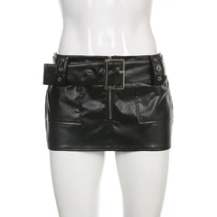Aiertu Sexy Super Short Leather Skirt Punk Style PU Wide Belt Patchwork Low Rise Mini Skirts for Women Gothic y2k Aesthetic Chic Aiertu
